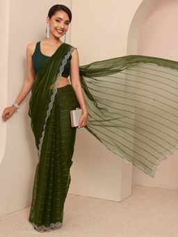 Libas - Green Silk Blend Embellished Saree with Unstitched