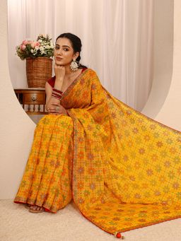 Libas - Mustard Silk Blend Printed Saree with Unstitched