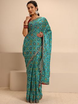 Libas - Blue Silk Blend Printed Saree with Unstitched