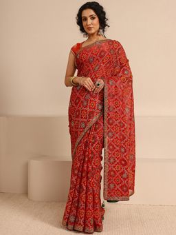 Libas - Red Silk Blend Printed Saree with Unstitched