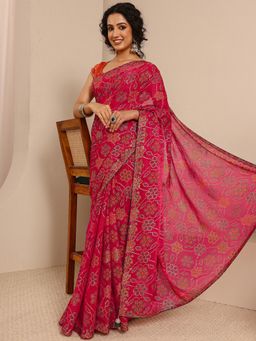 Libas - Pink Silk Blend Printed Saree with Unstitched