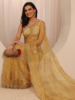 Libas - Gold Tissue Embellished Saree with Unstitched