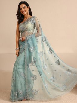 Libas - Blue Tissue Embellished Saree with Unstitched