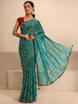 Libas - Green Silk Blend Printed Saree with Unstitched