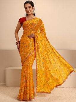 Libas - Mustard Silk Blend Printed Saree with Unstitched