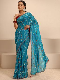 Libas - Blue Silk Blend Printed Saree with Unstitched