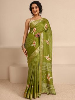 Libas - Green Silk Blend Printed Saree with Unstitched