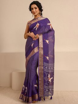 Libas - Purple Silk Blend Printed Saree with Unstitched