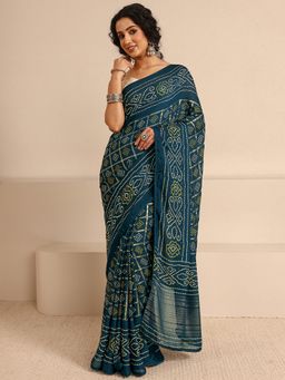 Libas - Navy Blue Silk Blend Printed Saree with Unstitched