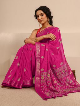 Libas - Pink Silk Blend Printed Saree with Unstitched