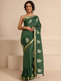 Libas - Green Silk Blend Handloom Saree with Unstitched