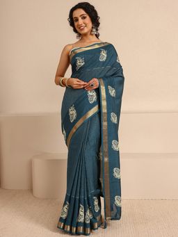 Libas - Navy Blue Silk Blend Handloom Saree with Unstitched