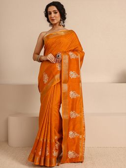 Libas - Orange Silk Blend Handloom Saree with Unstitched