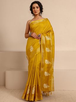 Libas - Mustard Silk Blend Handloom Saree with Unstitched