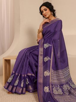 Libas - Purple Silk Blend Handloom Saree with Unstitched