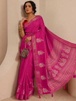 Libas - Pink Silk Blend Handloom Saree with Unstitched