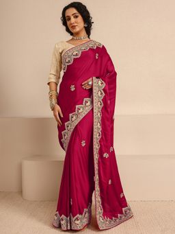 Libas Art - Pink Silk Blend Embroidered Saree with Unstitched