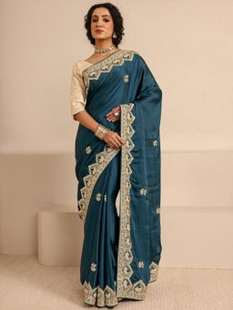 Libas Art - Teal Silk Blend Embroidered Saree with Unstitched