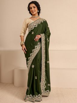 Libas Art - Green Silk Blend Embroidered Saree with Unstitched