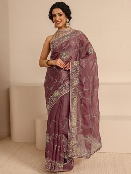Libas - Mauve Silk Blend Embroidered Saree with Unstitched
