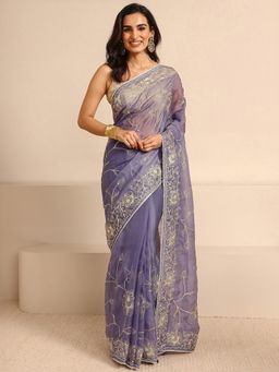 Libas - Lavender Silk Blend Embroidered Saree with Unstitched