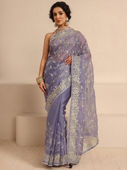 Libas - Lavender Silk Blend Embroidered Saree with Unstitched
