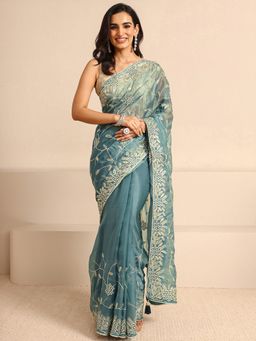 Libas - Blue Silk Blend Embroidered Saree with Unstitched