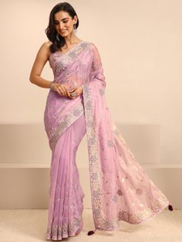 Libas - Purple Silk Blend Embroidered Saree with Unstitched