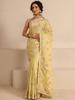 Libas - Mustard Silk Blend Embroidered Saree with Unstitched