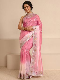 Libas - Peach Silk Blend Embroidered Saree with Unstitched