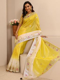 Libas - Mustard Silk Blend Embroidered Saree with Unstitched