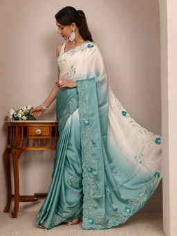 Libas - Blue Silk Blend Embroidered Saree with Unstitched