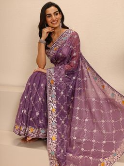 Libas - Purple Silk Blend Embroidered Saree with Unstitched
