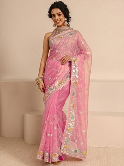 Libas - Pink Silk Blend Embroidered Saree with Unstitched