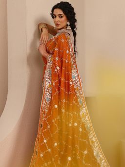 Libas - Orange Silk Blend Embroidered Saree with Unstitched