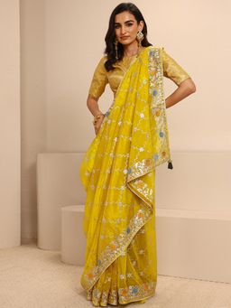 Libas - Mustard Silk Blend Embroidered Saree with Unstitched