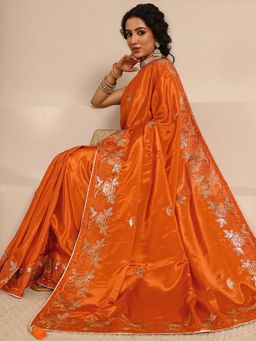 Libas - Orange Silk Blend Embroidered Saree with Unstitched