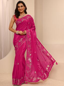 Libas - Pink Silk Blend Embroidered Saree with Unstitched