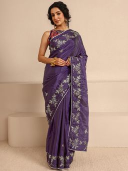Libas - Purple Silk Blend Embroidered Saree with Unstitched