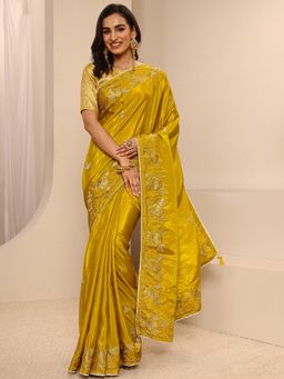 Libas - Mustard Silk Blend Embroidered Saree with Unstitched
