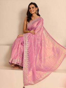 Libas - Pink Silk Blend Embroidered Saree with Unstitched