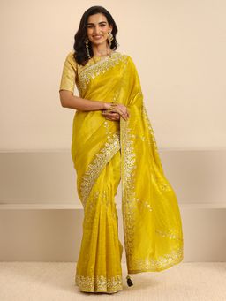 Libas - Mustard Silk Blend Embroidered Saree with Unstitched