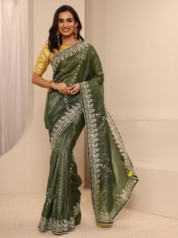 Libas - Green Silk Blend Embroidered Saree with Unstitched