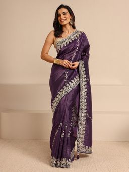 Libas - Purple Silk Blend Embroidered Saree with Unstitched