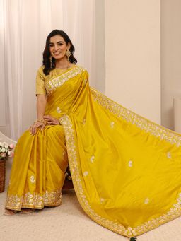Libas - Yellow Silk Blend Embroidered Saree with Unstitched