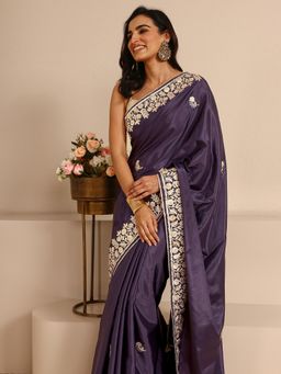 Libas - Purple Silk Blend Embroidered Saree with Unstitched