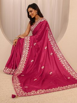 Libas - Pink Silk Blend Embroidered Saree with Unstitched