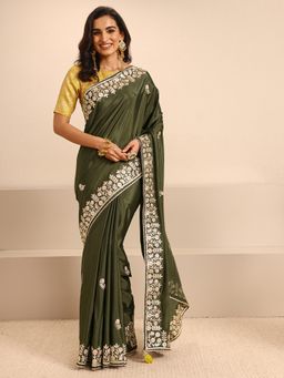 Libas - Green Silk Blend Embroidered Saree with Unstitched
