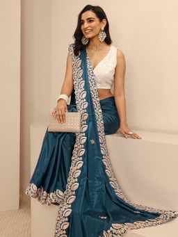 Libas - Teal Silk Blend Embroidered Saree with Unstitched