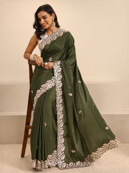 Libas - Green Silk Blend Embroidered Saree with Unstitched